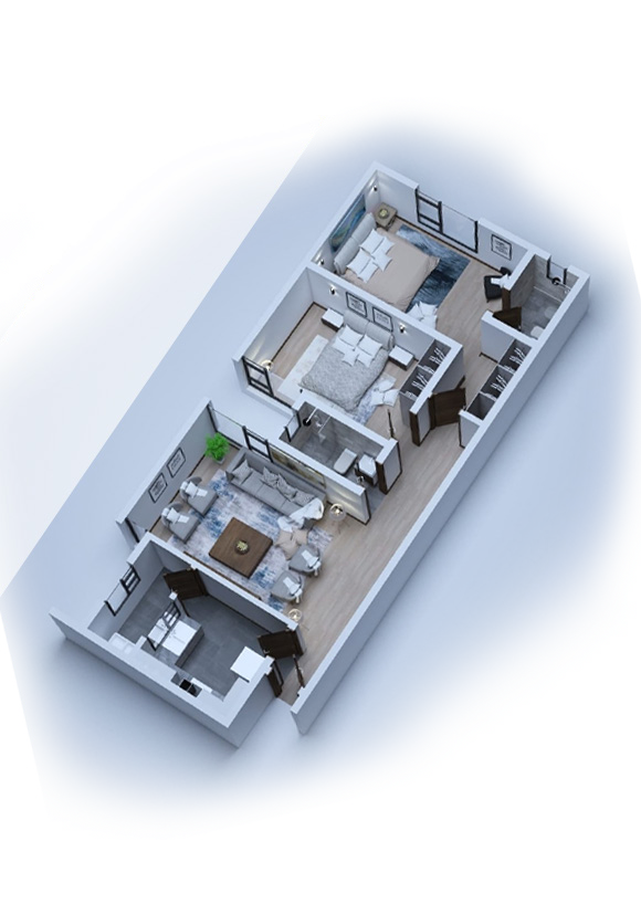2 bedroom 3D floor plan rendering